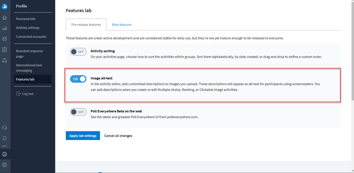 Screenshot of PollEverywhere user account showing the "features tab" and turning on "image alt-text"