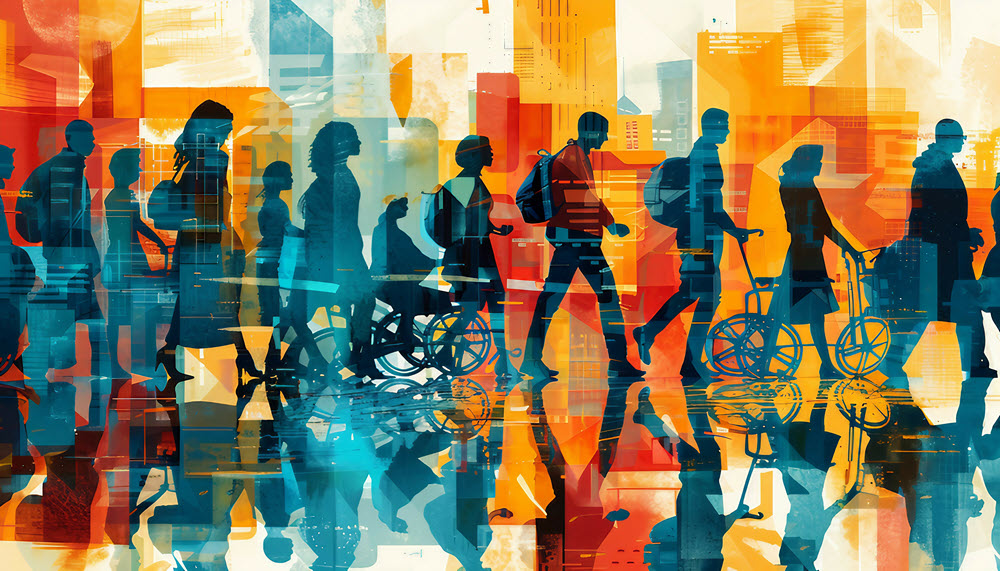 Colorful image showing a diversity of students moving forward in a line