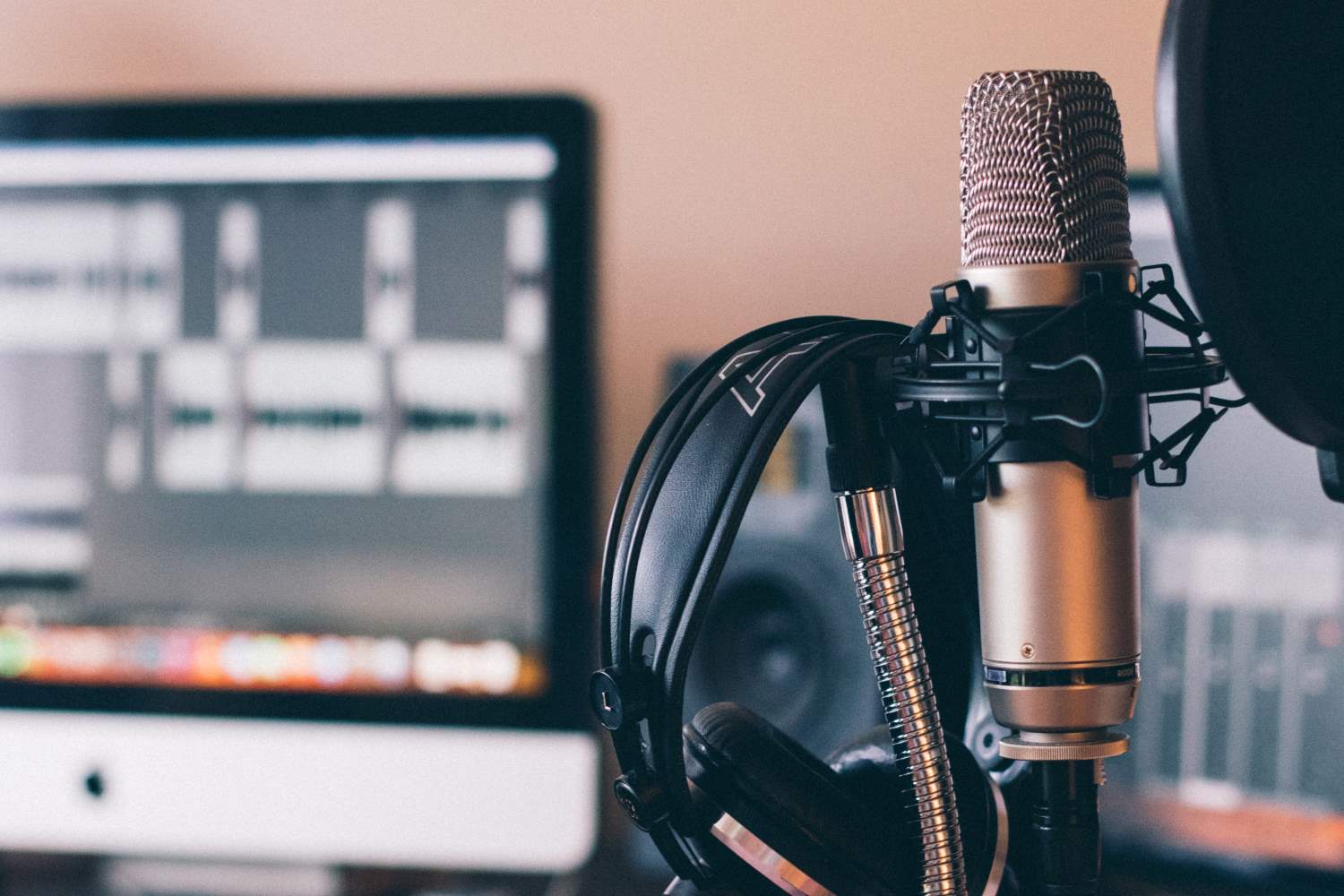 Headphones and podcast room image