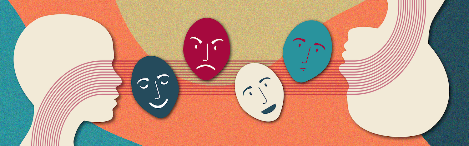 Graphic of two head silhouettes with emotions floating between them.