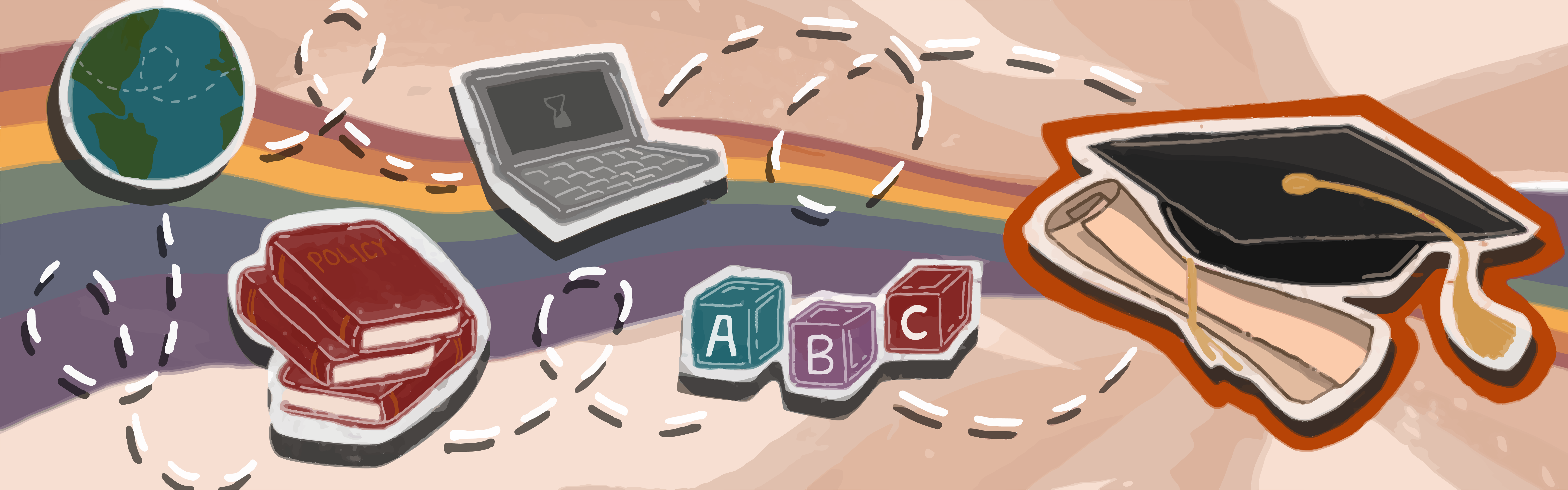 Colorful graphic of a globe, a stack of books, a laptop, alphabet blocks, and a graduation cap with a diploma