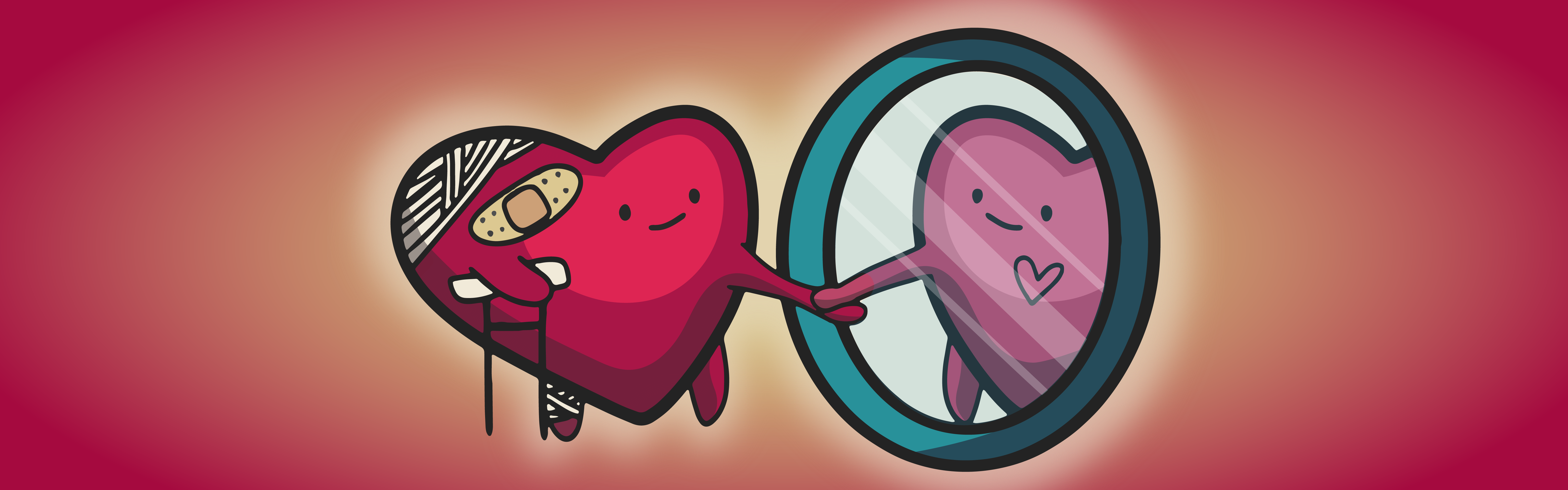 Graphic of injured cartoon heart holding hands with its healed reflection
