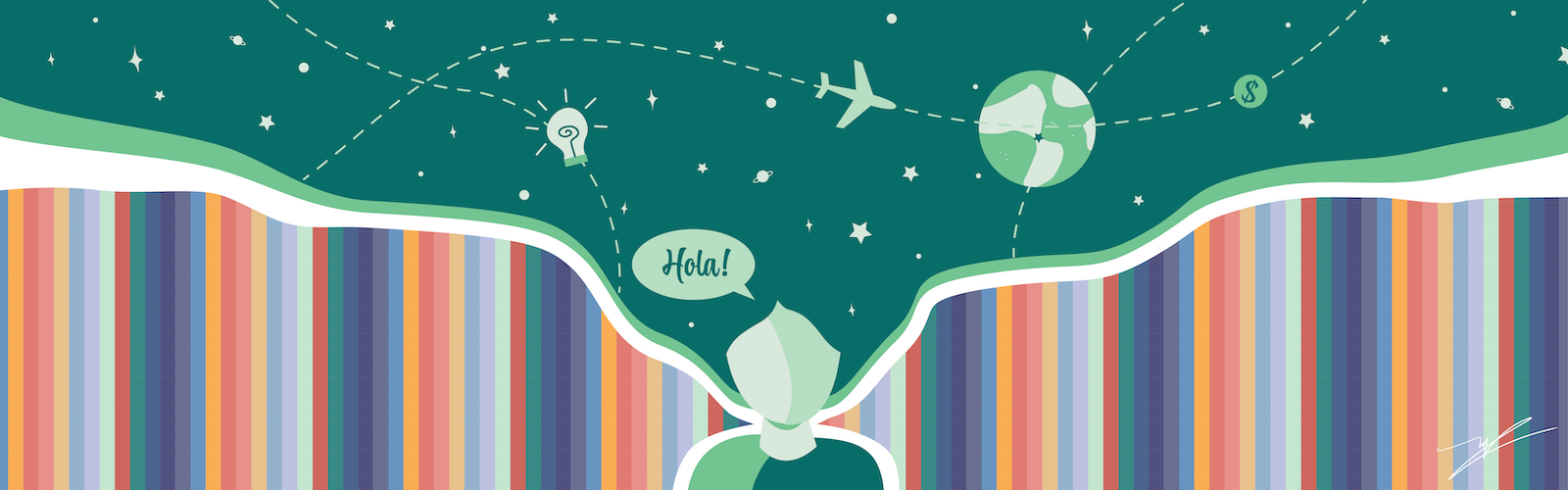 Colorful graphic of a person with flowing hair and thoughts of travel