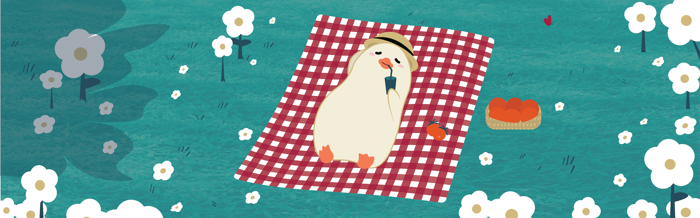Graphic of duck laying on picnic blanket on a field of grass and flowers