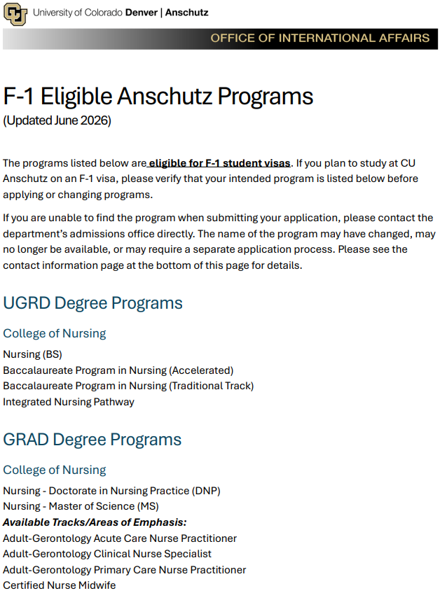 F-1 Eligible Anschutz Programs document