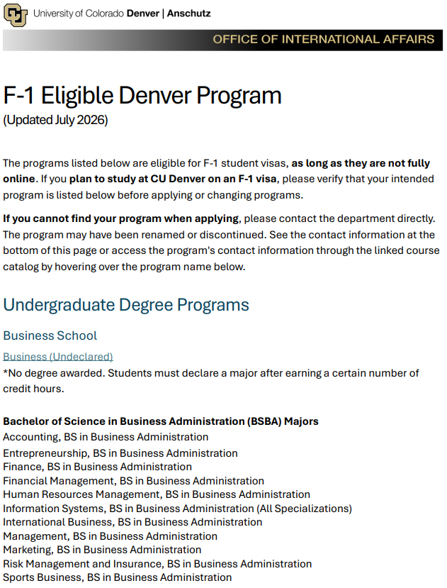 F-1 Eligible Denver Program document