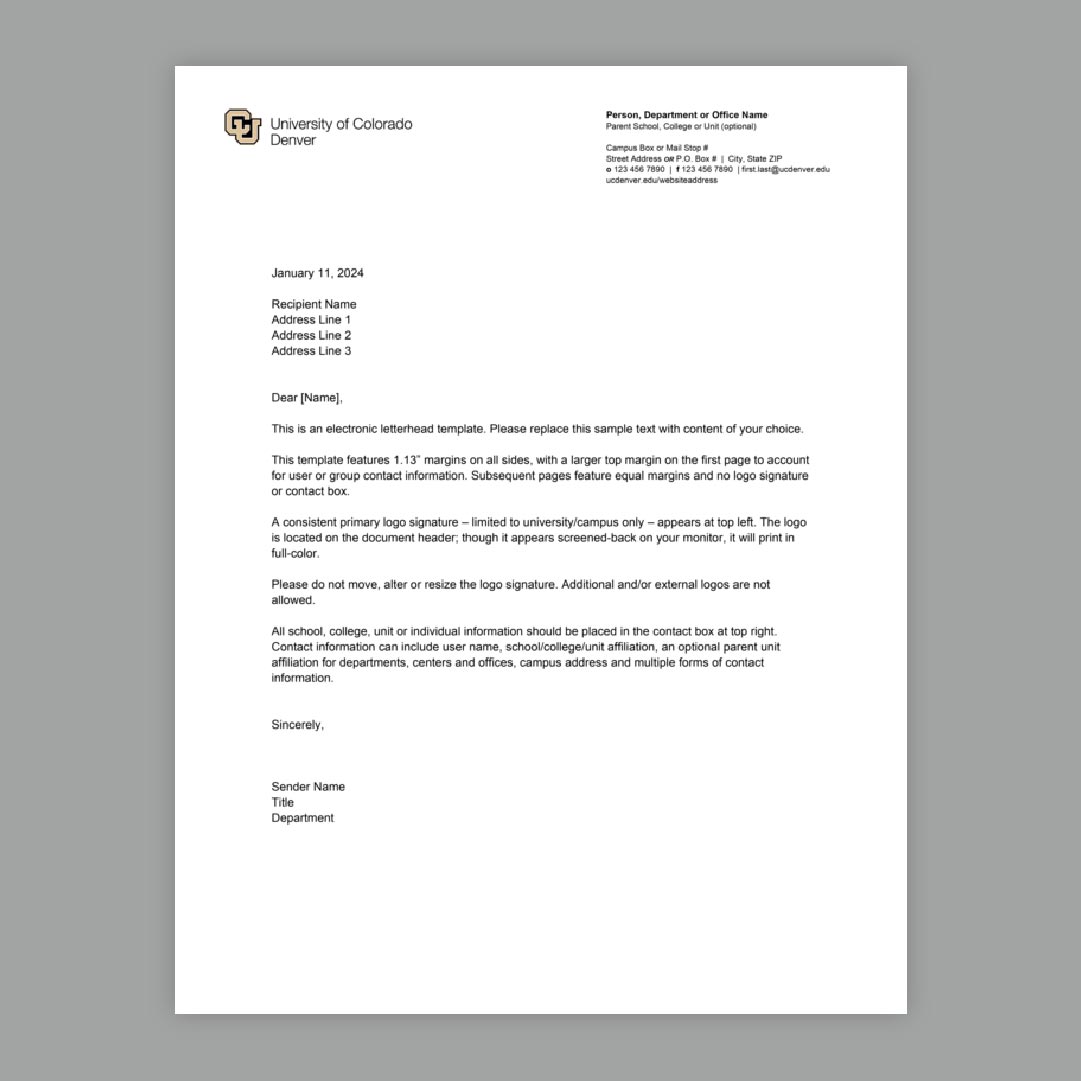 Mockup of CU Denver branded letterhead template