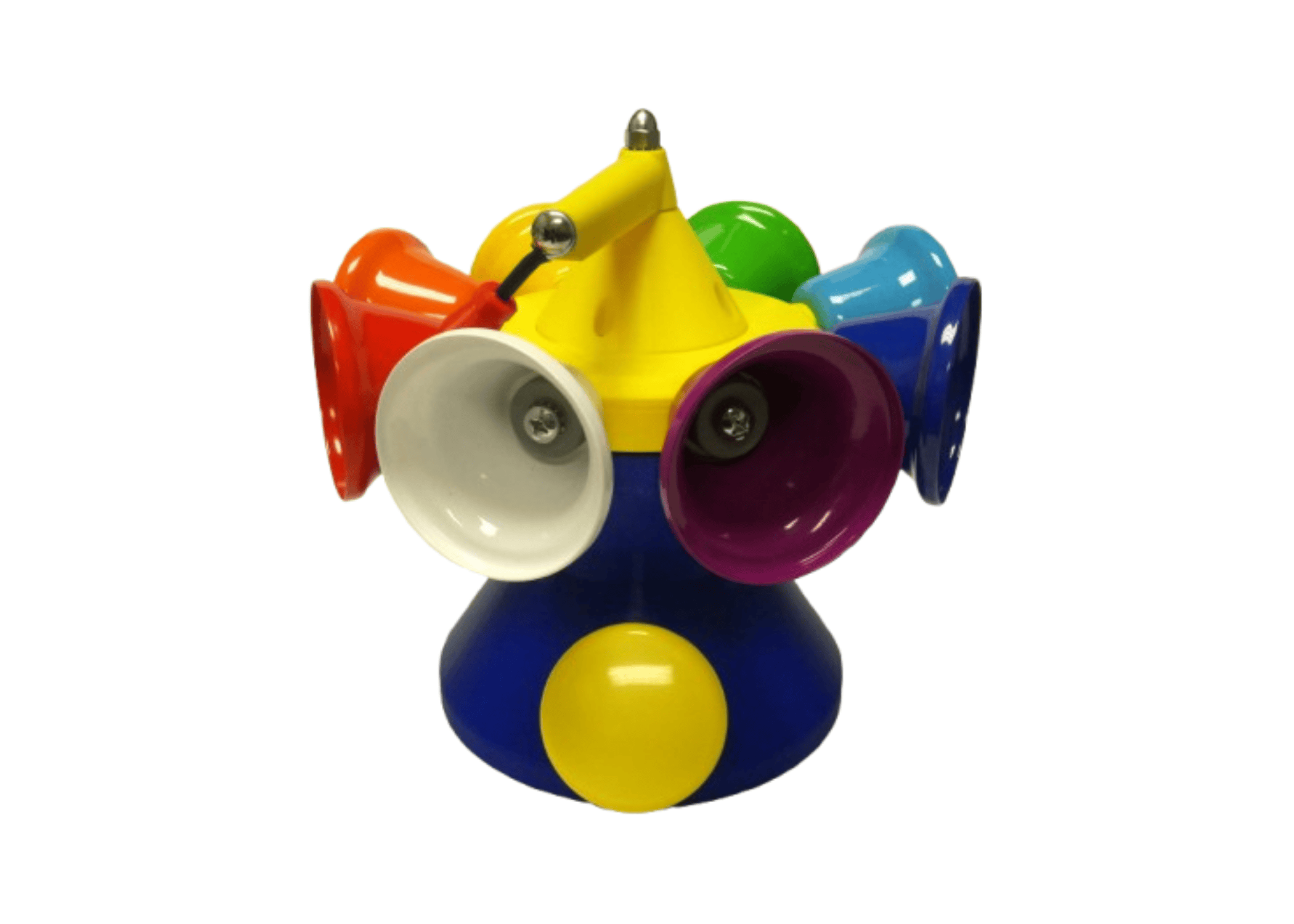 A toy with brightly colored cups arranged around a central post.