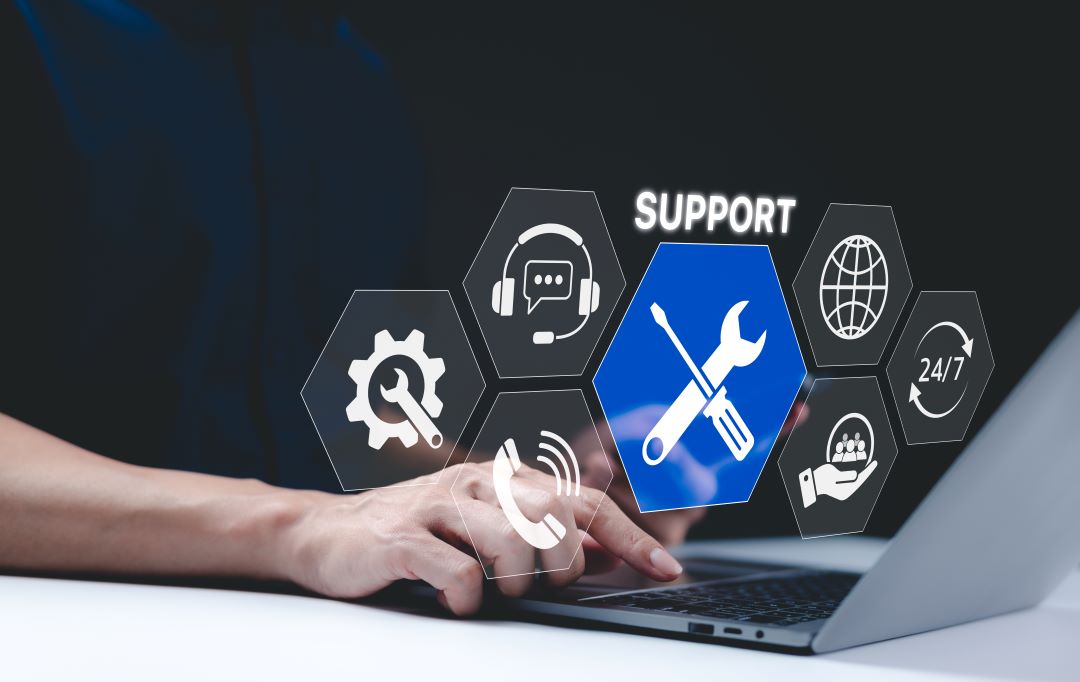 Graphic of several IT service icons and a hand clicking on 