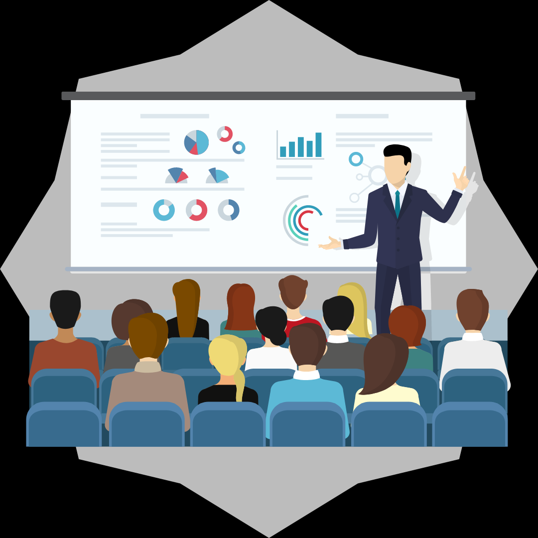 Graphic of an instructor giving a presentation to a class of students using AV equipment.